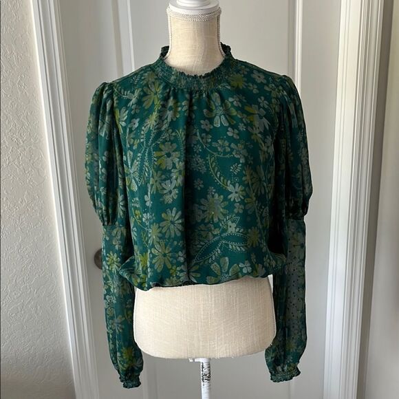 Free People Floral Green Ruffled Blouse with Mandarin Collar Crop Back Tie - Picture 1 of 9